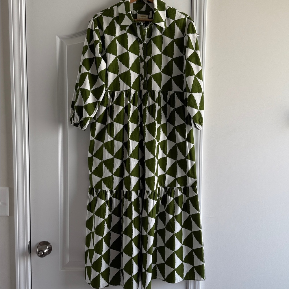 Maeve Anthropologie The Bettina Midi Shirt Tiered Dress Green Leaves XS NEW